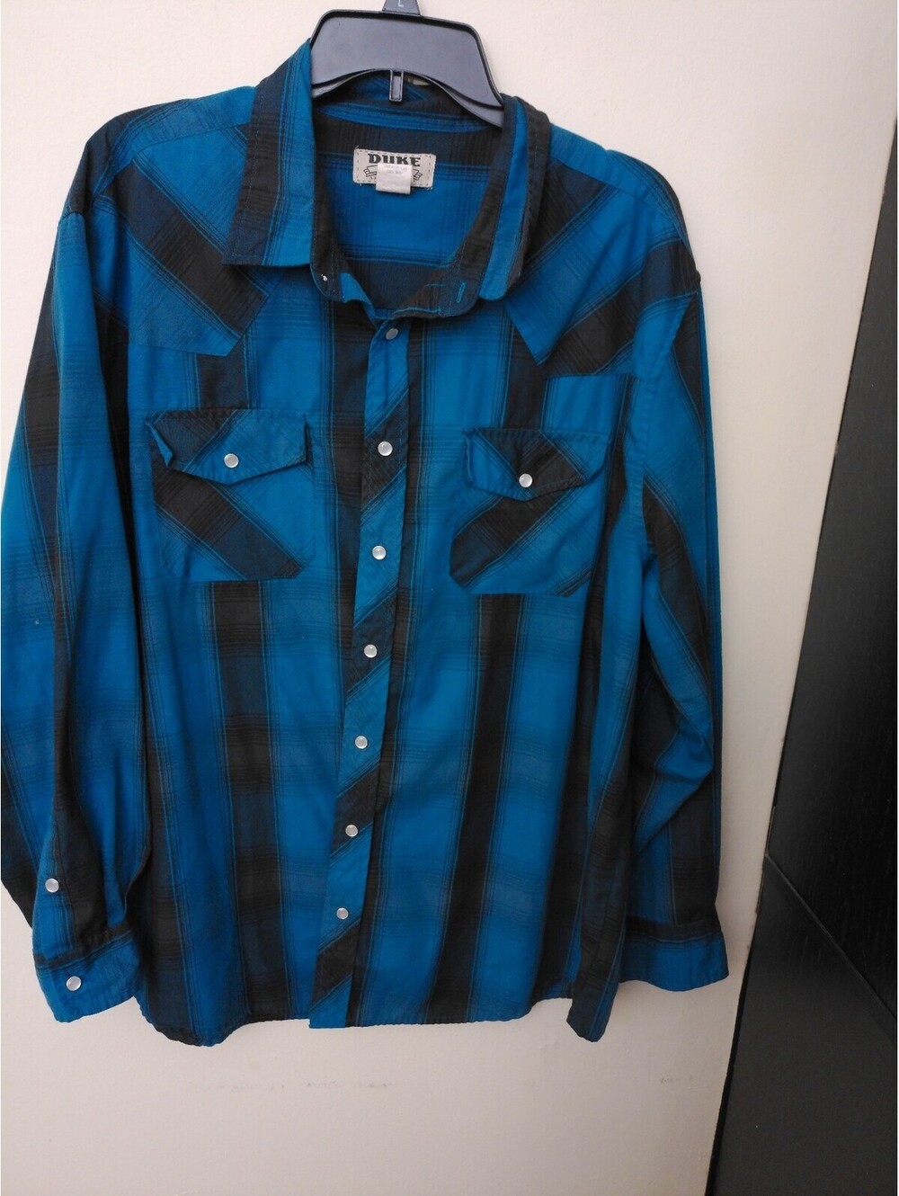 Duke Mens Western Pearl Snap Shirt XL Blue Black Plaid Long Sleeve